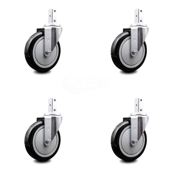 5 Inch Black Polyurethane Wheel Swivel 3/4 Inch Square Stem Caster Set SCC